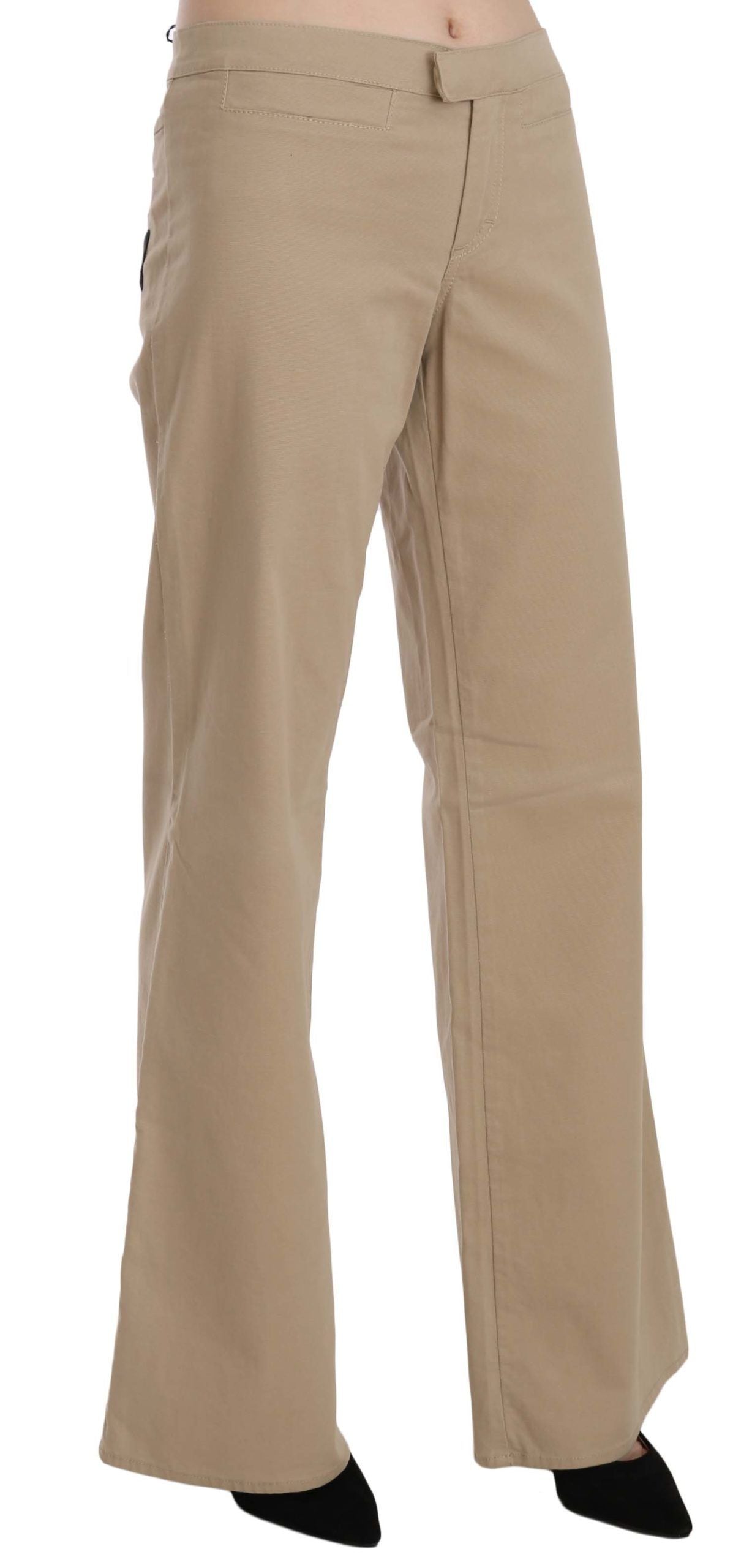 Beige Cotton Mid Waist Flared Trousers Pants