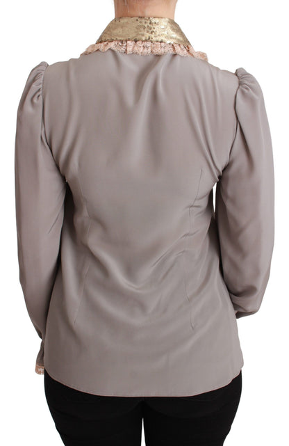 Gray Silk Gold Sequin Lace Blouse Shirt