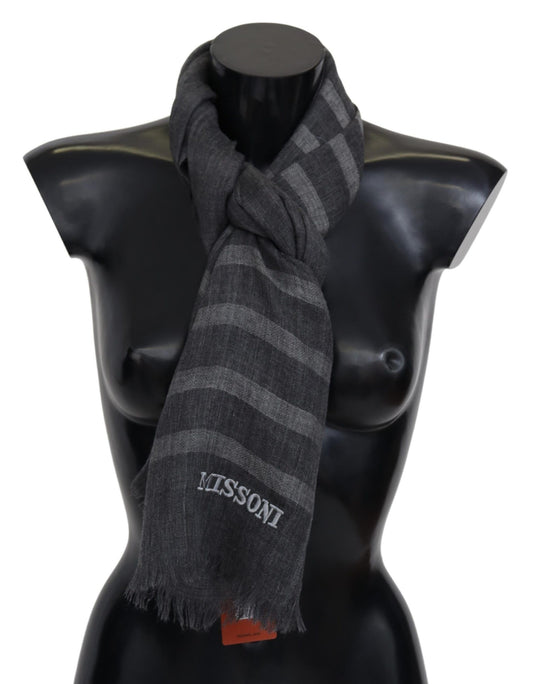 Gray Striped Wool Unisex Neck Wrap Fringes Scarf