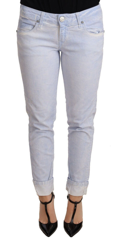 Light Blue Cotton Folded Hem Denim Skinny Women Trouser Jeans