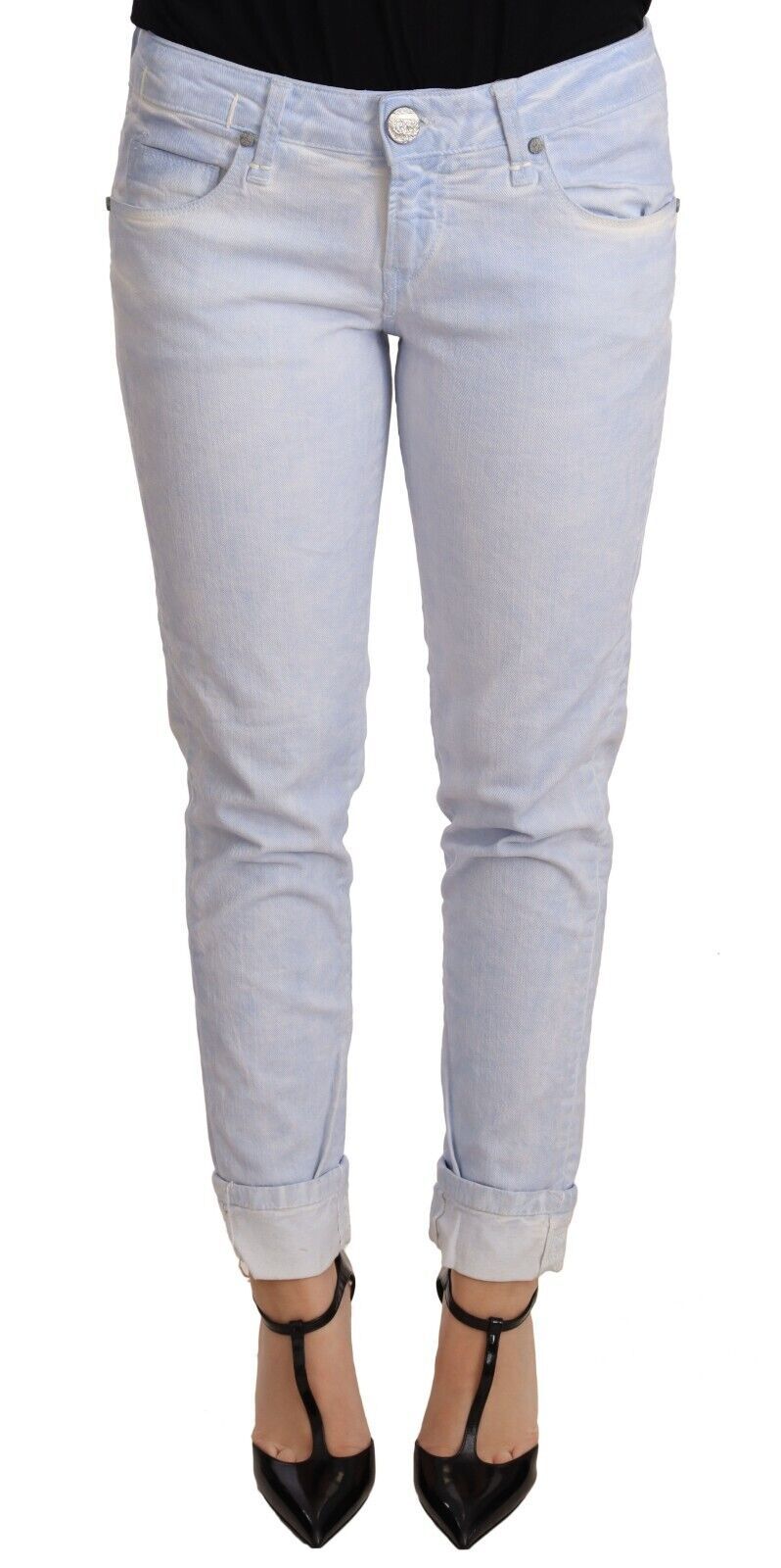 Light Blue Cotton Folded Hem Denim Skinny Women Trouser Jeans