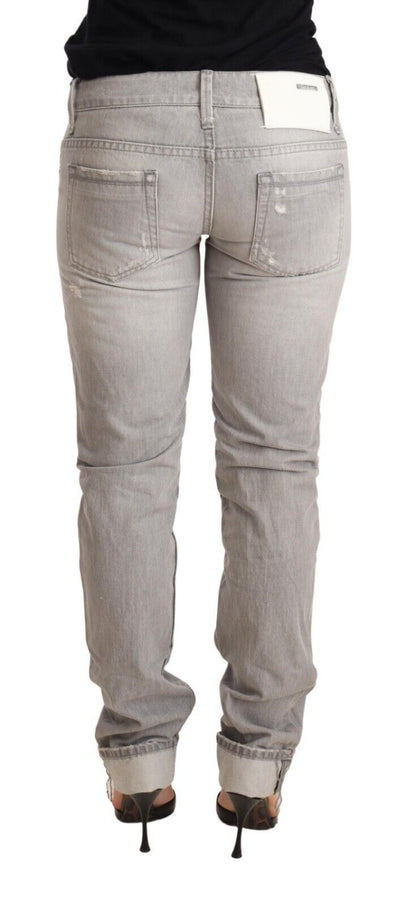 Gray Tattered Cotton Slim Fit Folded Hem Women Denim Jeans