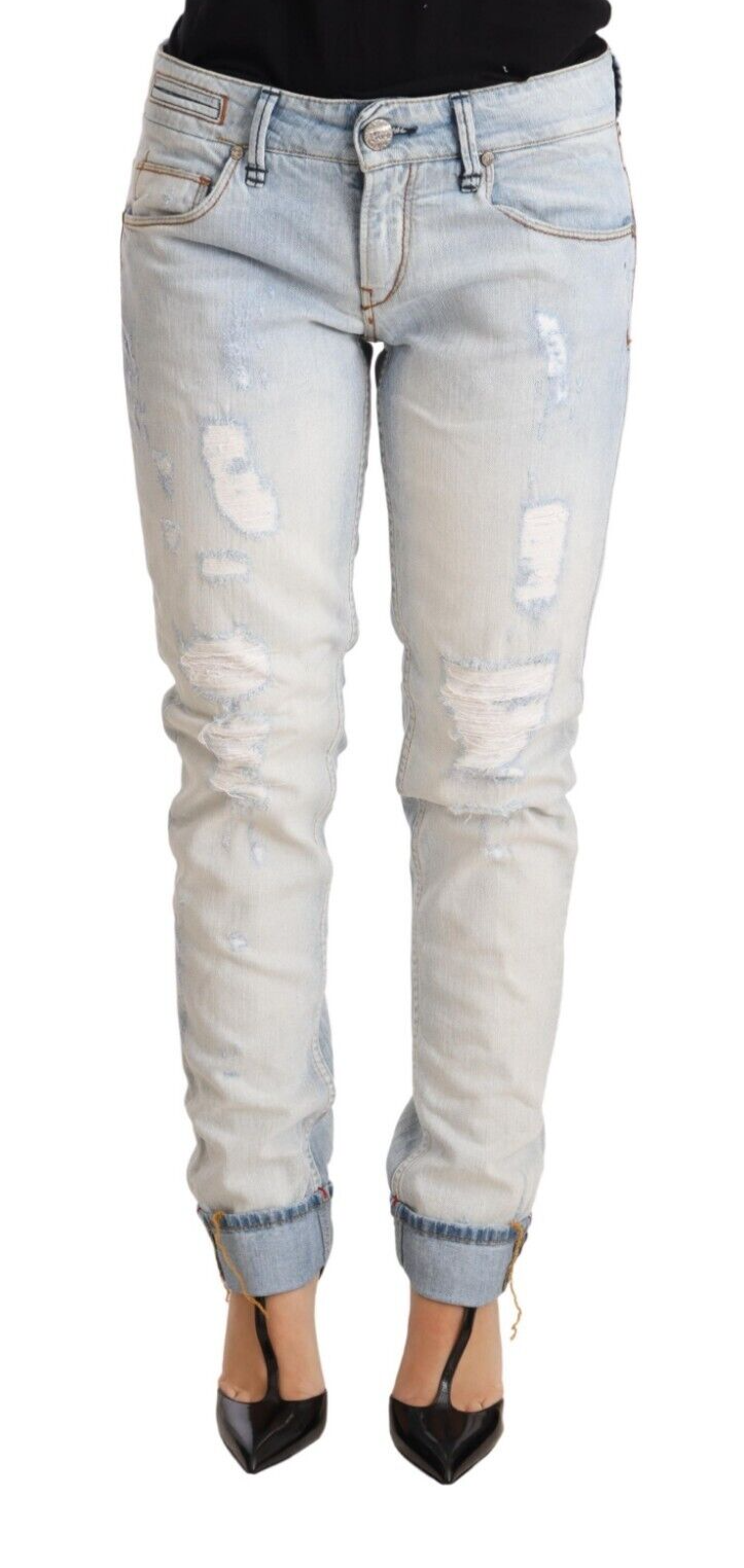 Light Blue Distressed Cotton Folded Hem Denim Trouser Jeans