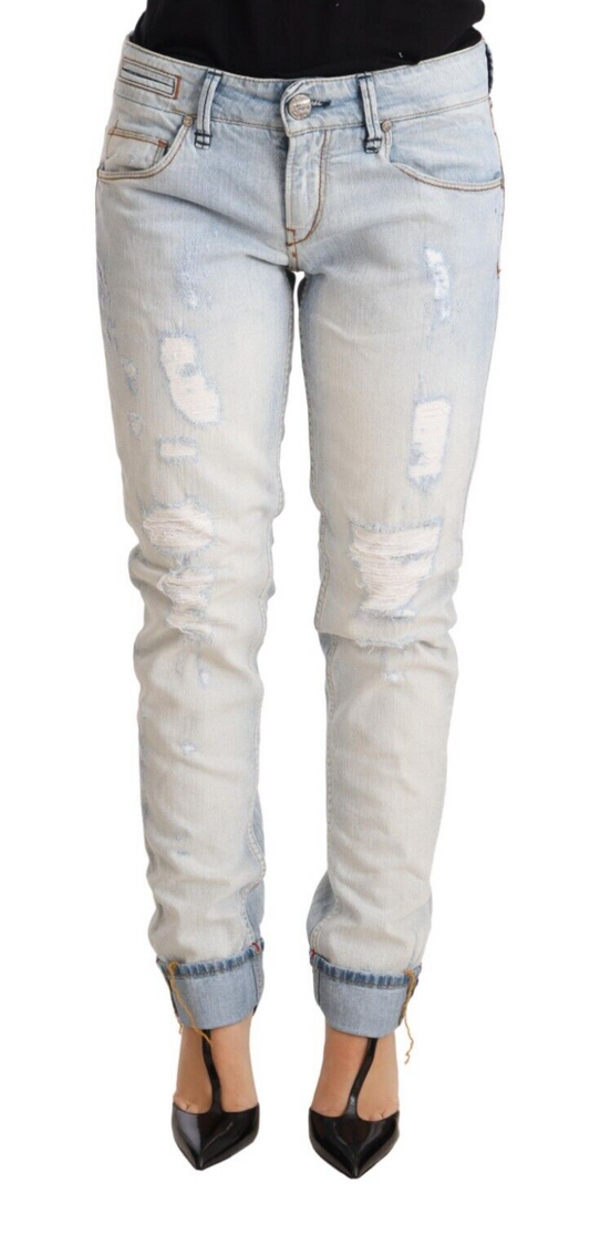 Light Blue Distressed Cotton Folded Hem Denim Trouser Jeans