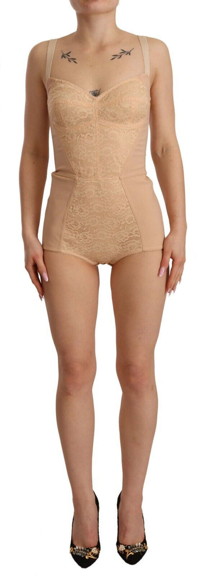 Beige Nylon Floral Lace Bodysuit Underwear