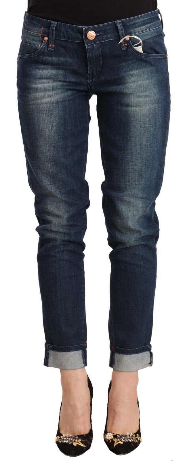Blue Washed Low Waist Skinny Denim Folded Hem Jeans