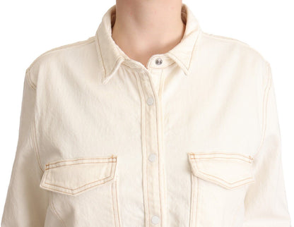 White Cotton Collared Long Sleeves Button Down Polo Top