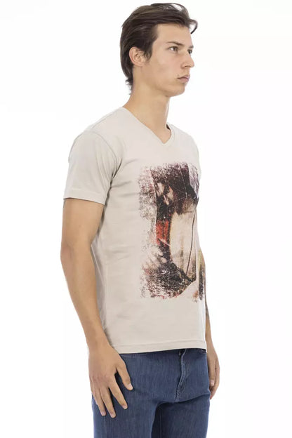 Beige Cotton Men V-neck T-shirt
