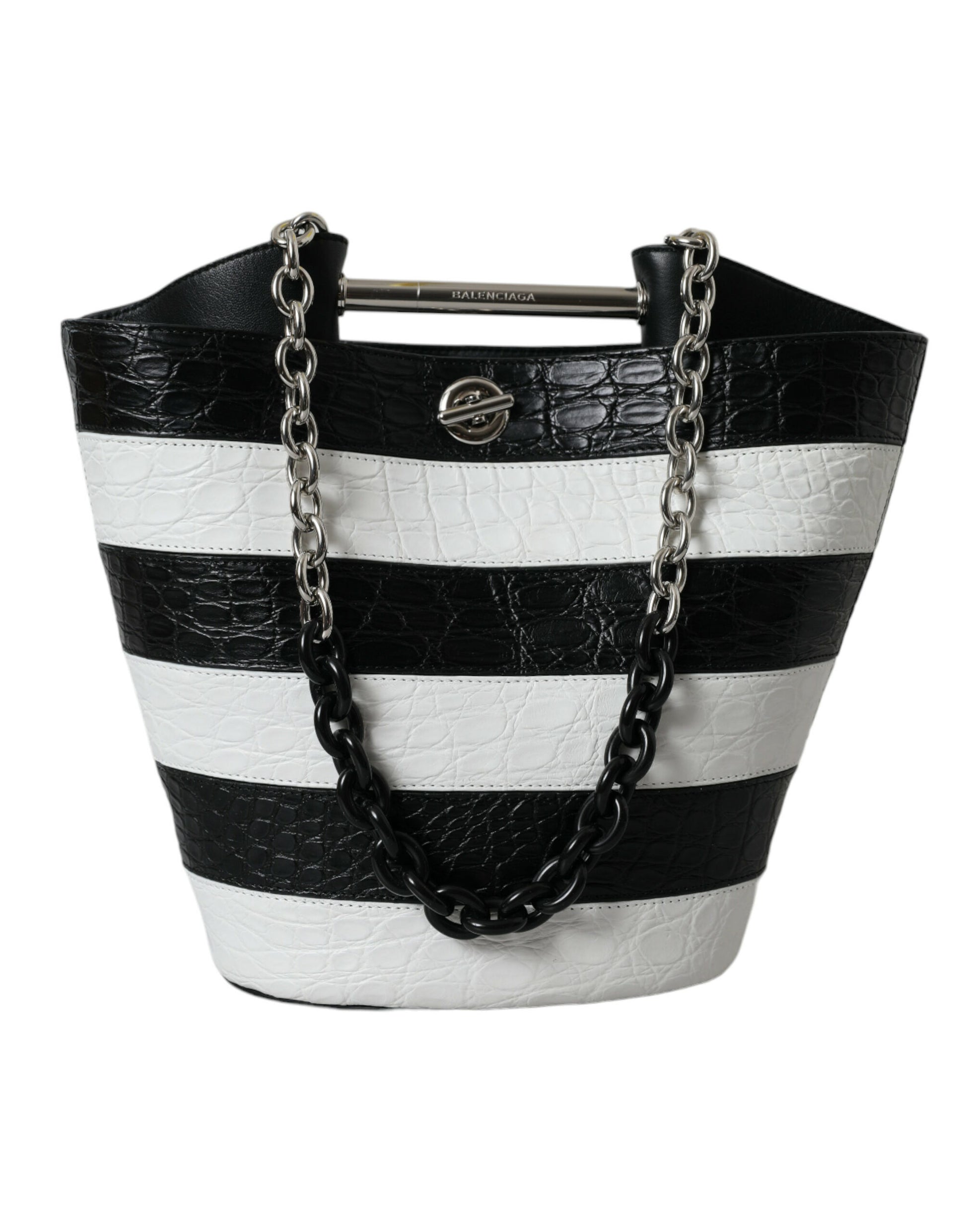 Black White Striped Exotic Skin Leather Maxi Bucket Tote Bag