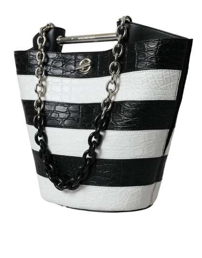 Black White Striped Exotic Skin Leather Maxi Bucket Tote Bag