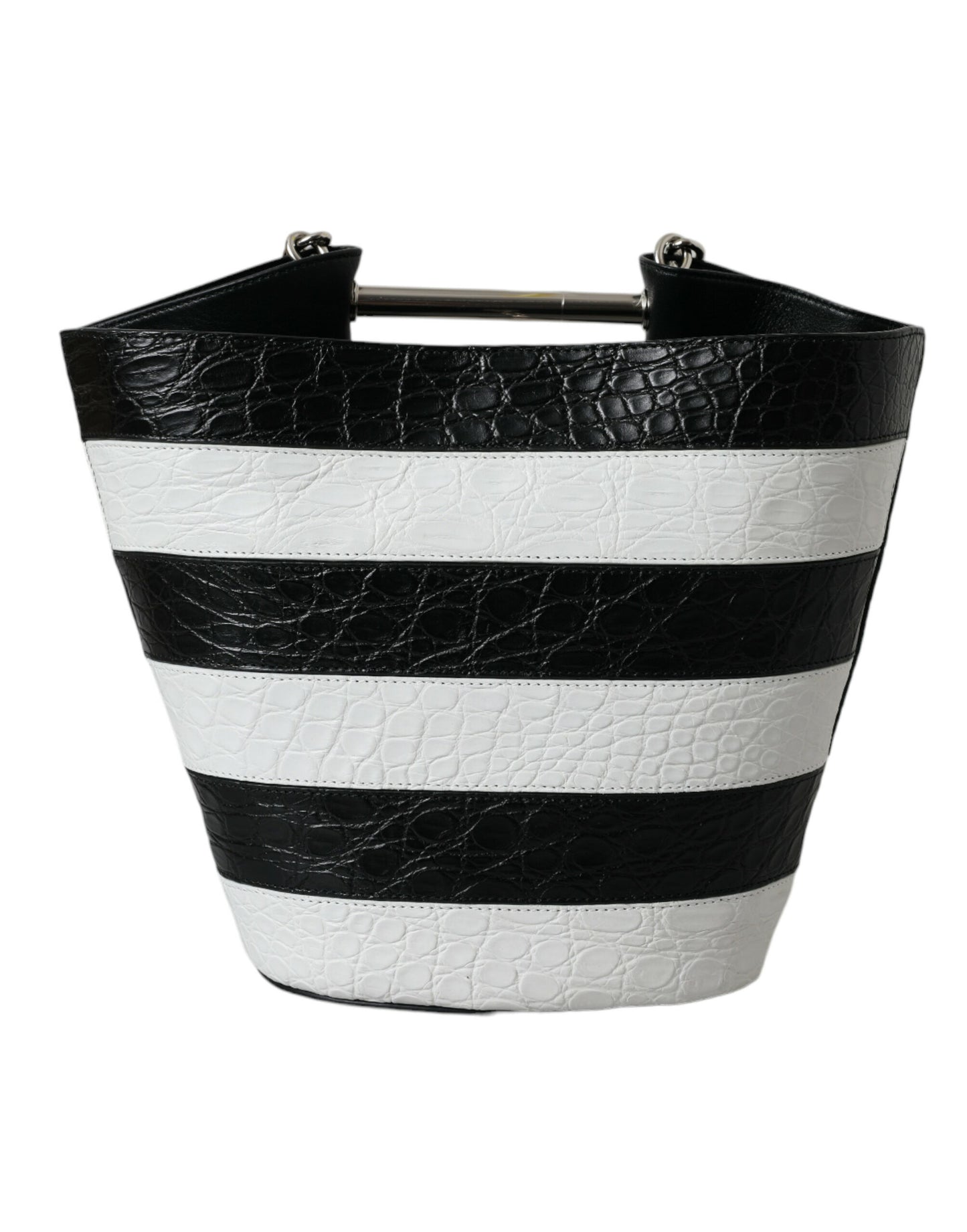 Black White Striped Exotic Skin Leather Maxi Bucket Tote Bag