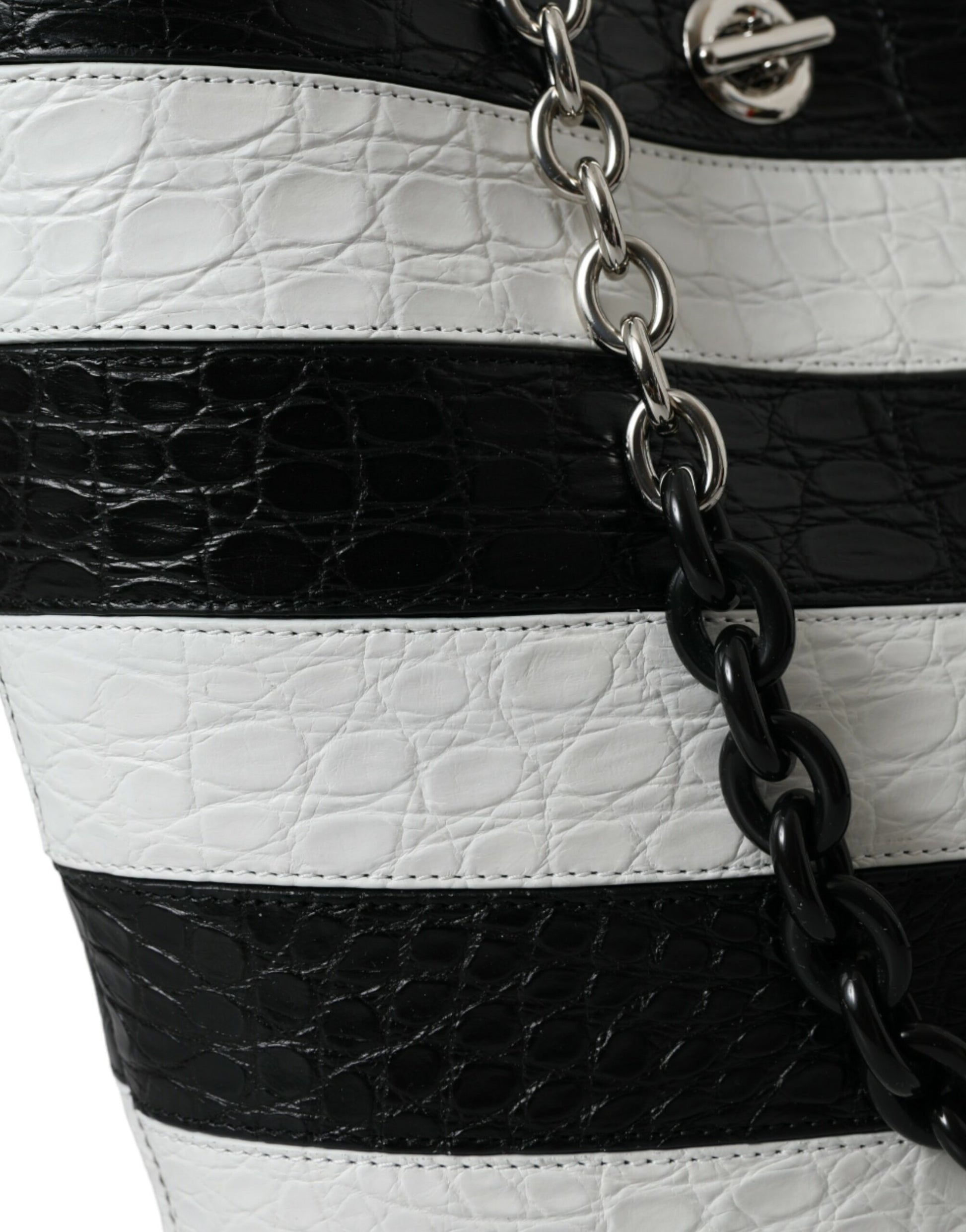 Black White Striped Exotic Skin Leather Maxi Bucket Tote Bag