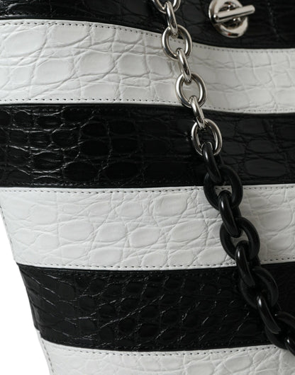 Black White Striped Exotic Skin Leather Maxi Bucket Tote Bag