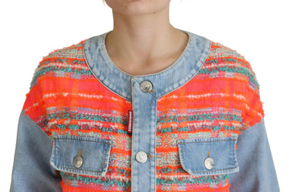 Orange Blue Panelled Button Front Denim Jacket