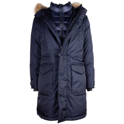 Blue Nylon Men Jacket with Fur-Trimmed Hood