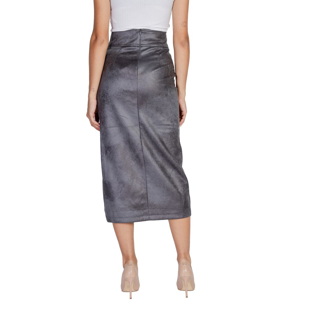 Gray Artificial Leather Long Skirt
