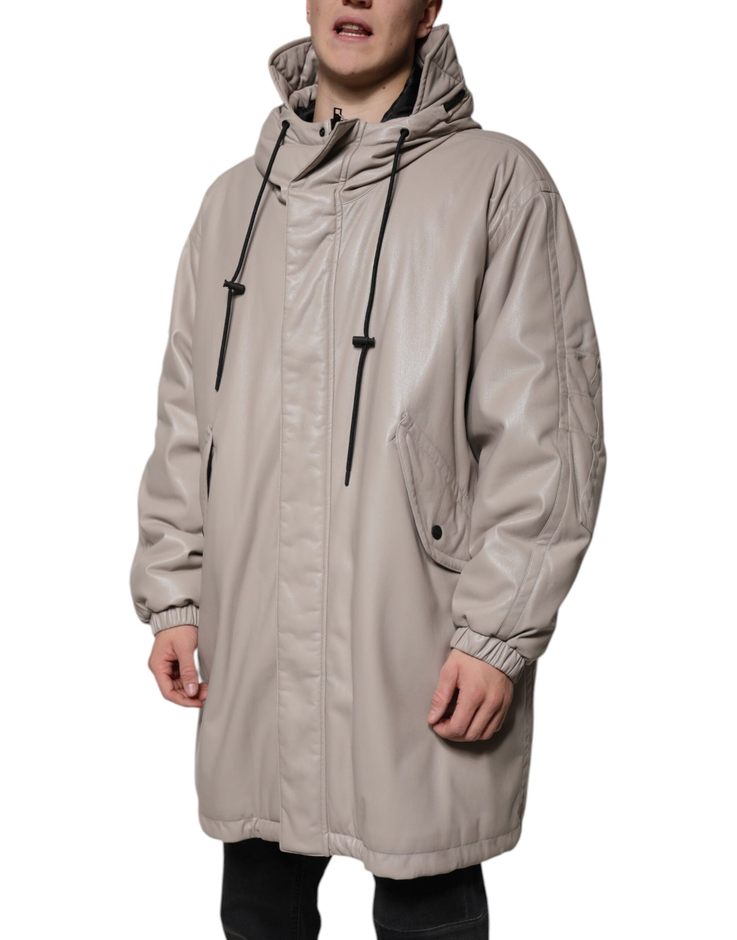 Beige Full Zip Hooded Long Sleeves Casual Coat Jacket