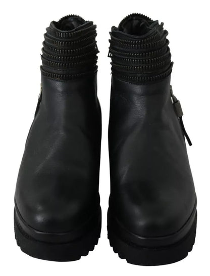 Black Leather Zipper Ankle Boots Shoes