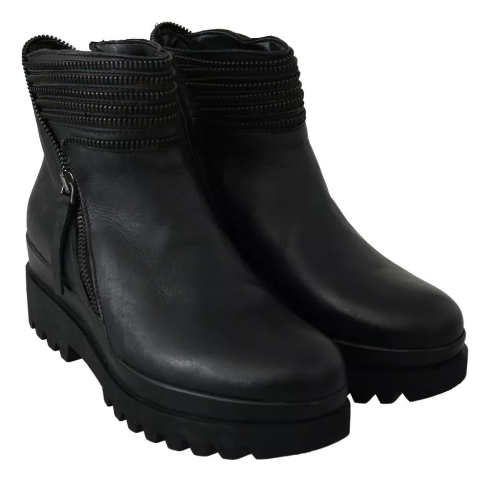 Black Leather Zipper Ankle Boots Shoes