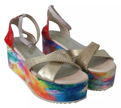 Multicolor Leather Ankle Strap Wedge Heel Sandals Shoes