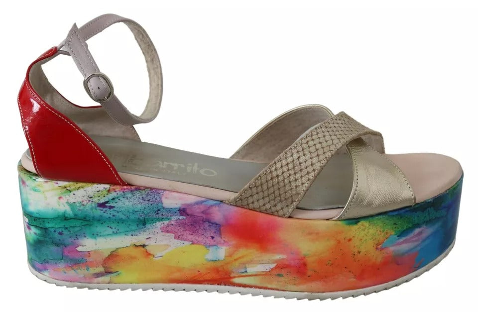 Multicolor Leather Ankle Strap Wedge Heel Sandals Shoes