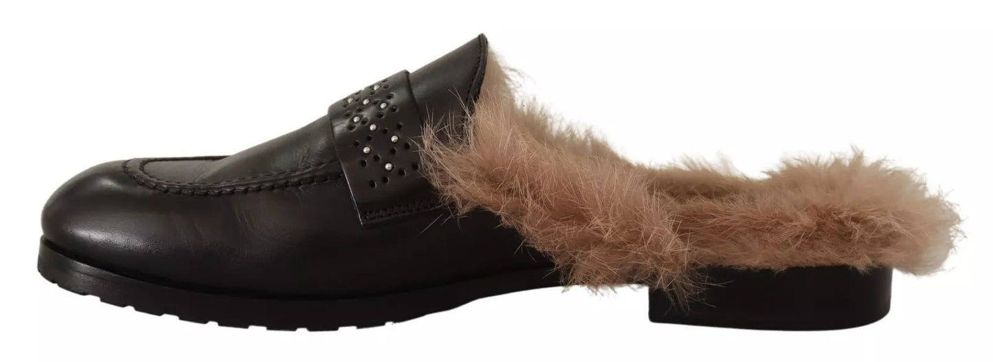 Black Leather Fur Perforated Slip On Flats Shoes