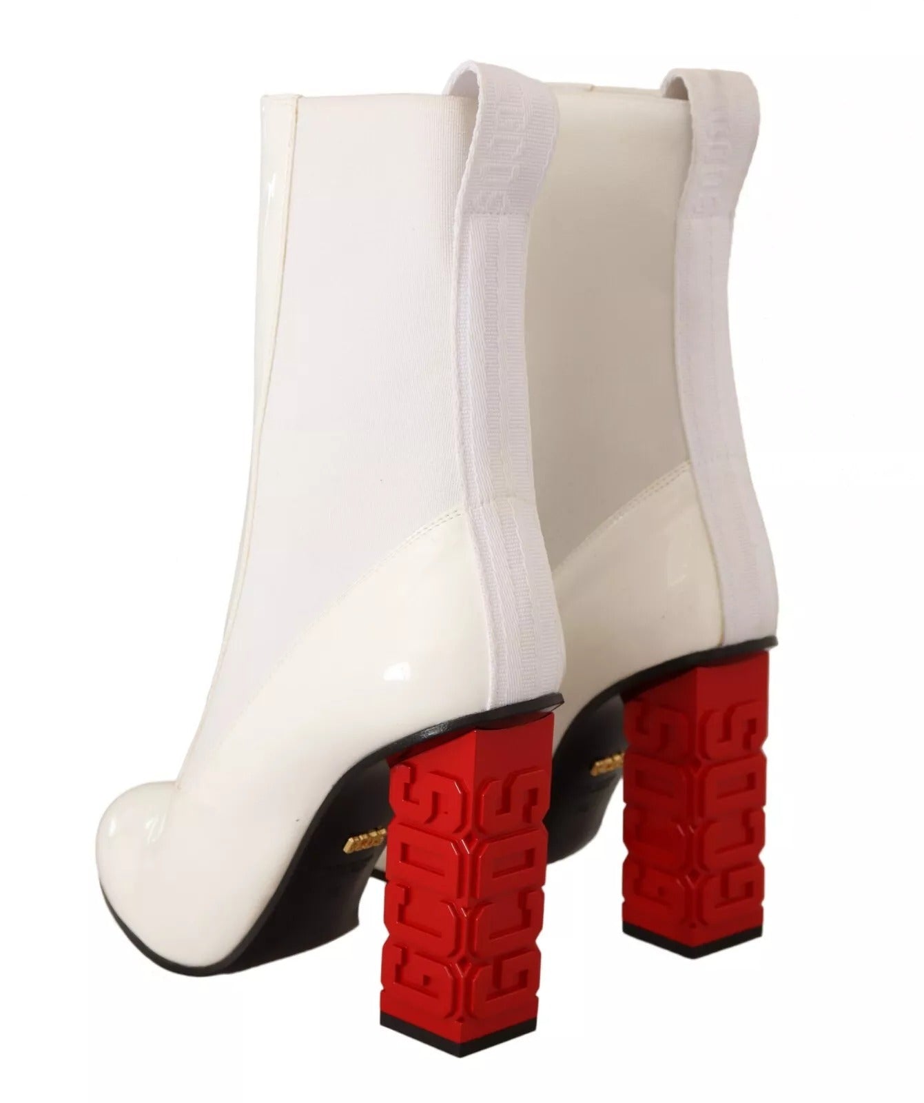 White Leather Fabric Red Logo Heel Ankle Boots Shoes