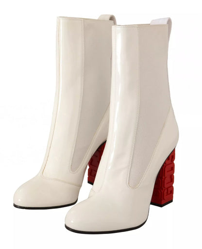 White Leather Fabric Red Logo Heel Ankle Boots Shoes