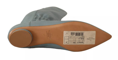 Blue Leather Elastic Flats Pull On Knee High Boots Shoes