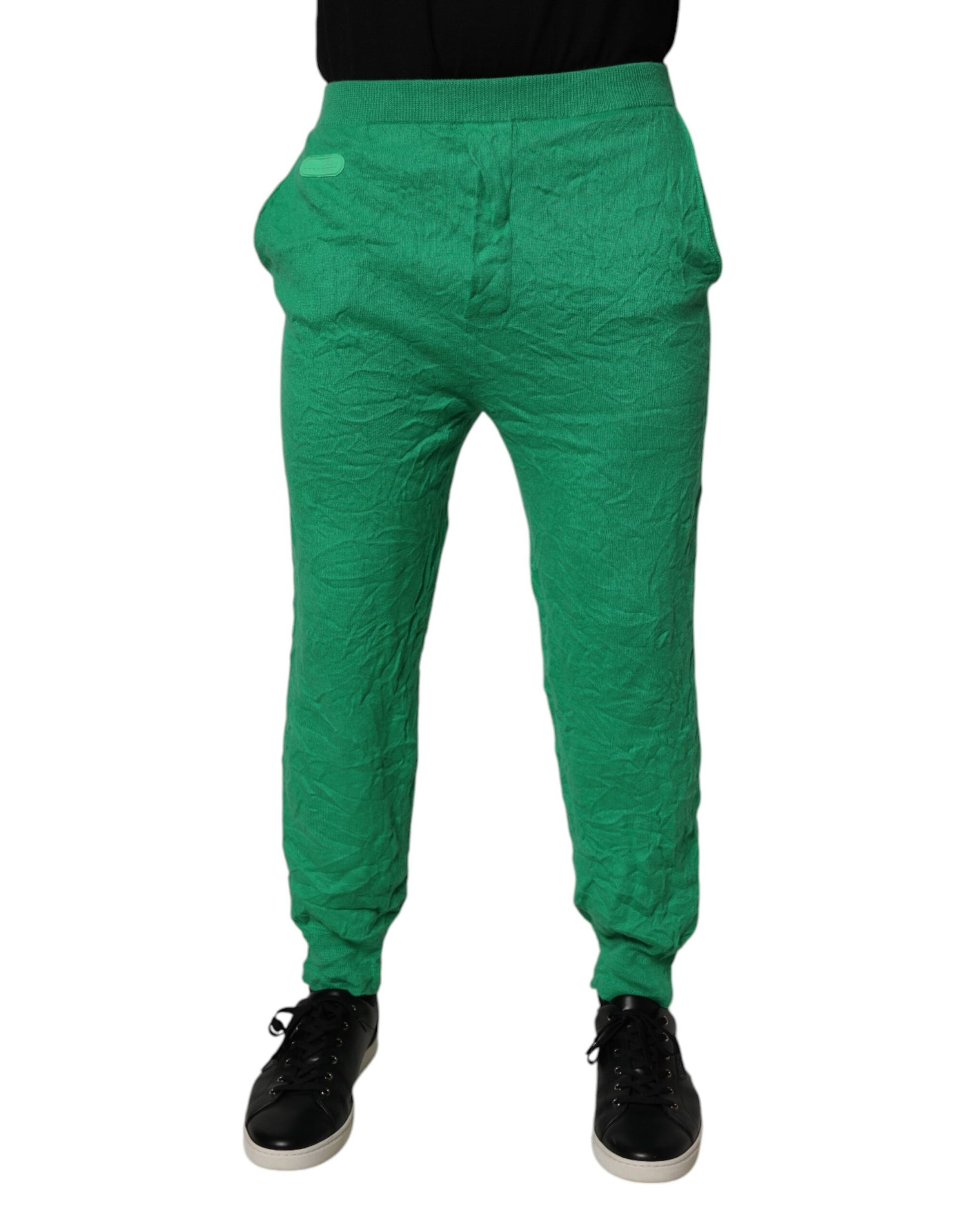 Green Cotton Elastic Waist Men Casual Pants