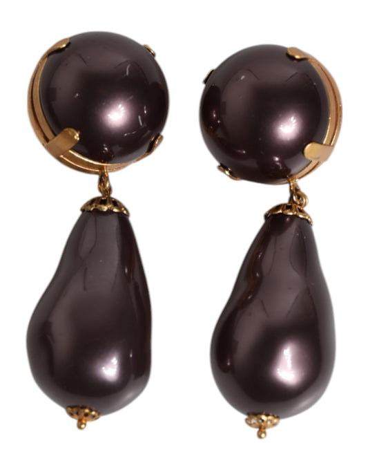 Gold Brass Black Pearl Clip On Dangling Jewelry Earrings