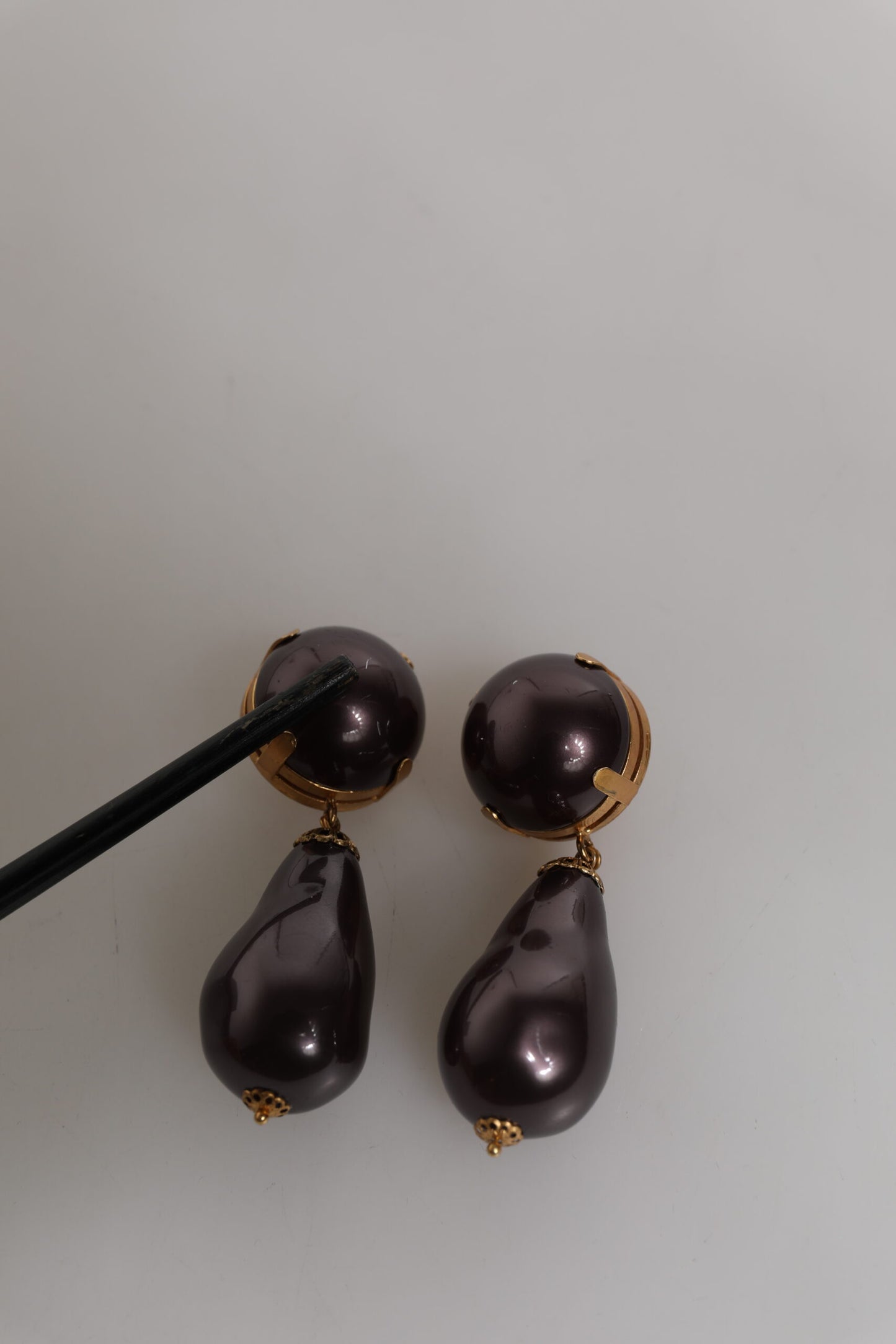 Gold Brass Black Pearl Clip On Dangling Jewelry Earrings