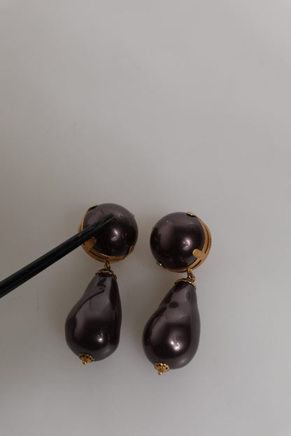 Gold Brass Black Pearl Clip On Dangling Jewelry Earrings