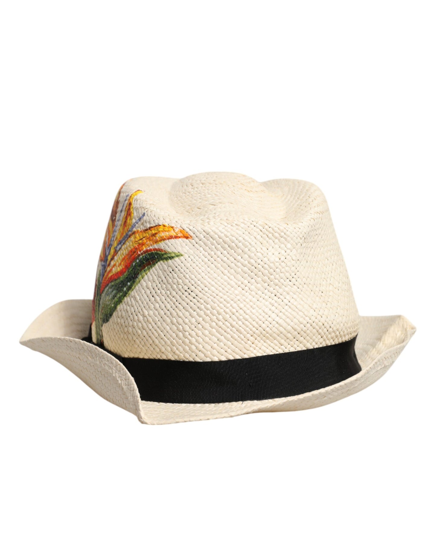 Beige Floral Print Straw Wide Brim Fedora Hat