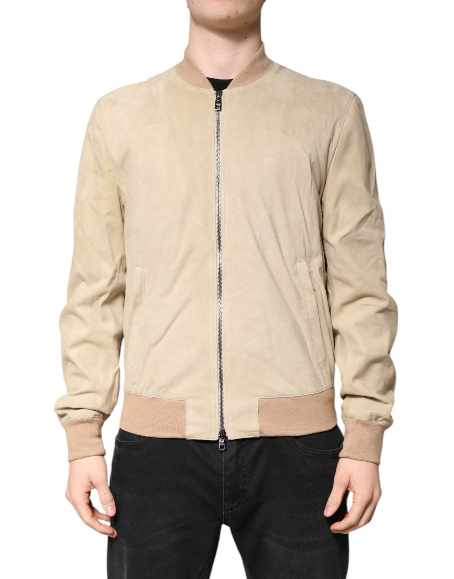 Beige Lambskin Full Zip Men Bomber Jacket