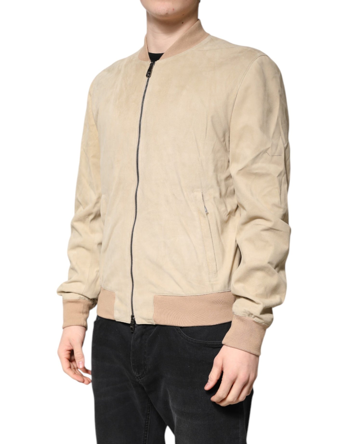 Beige Lambskin Full Zip Men Bomber Jacket