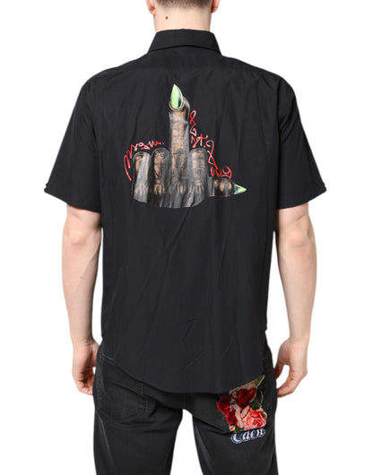 Black Printed Short Sleeves Collared Men Casual Shirt