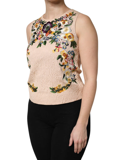 Beige Floral Embroidery Sleeveless Tank Top
