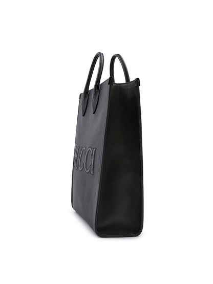 Black Leather Logo Medium Tote Bag