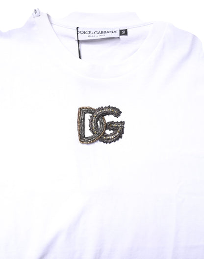White Cotton DG Embroidery Crew Neck T-shirt