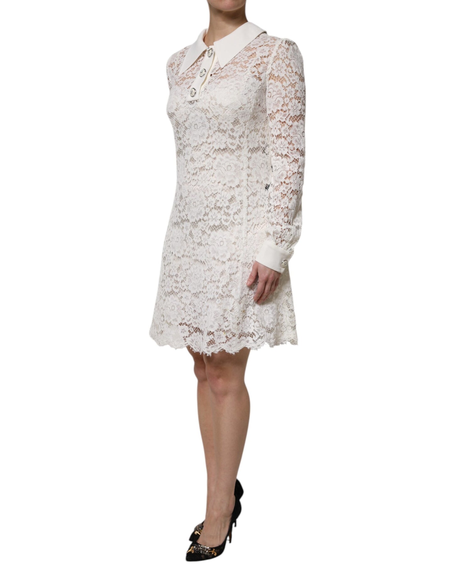 White Floral Lace Long Sleeves A-line Dress