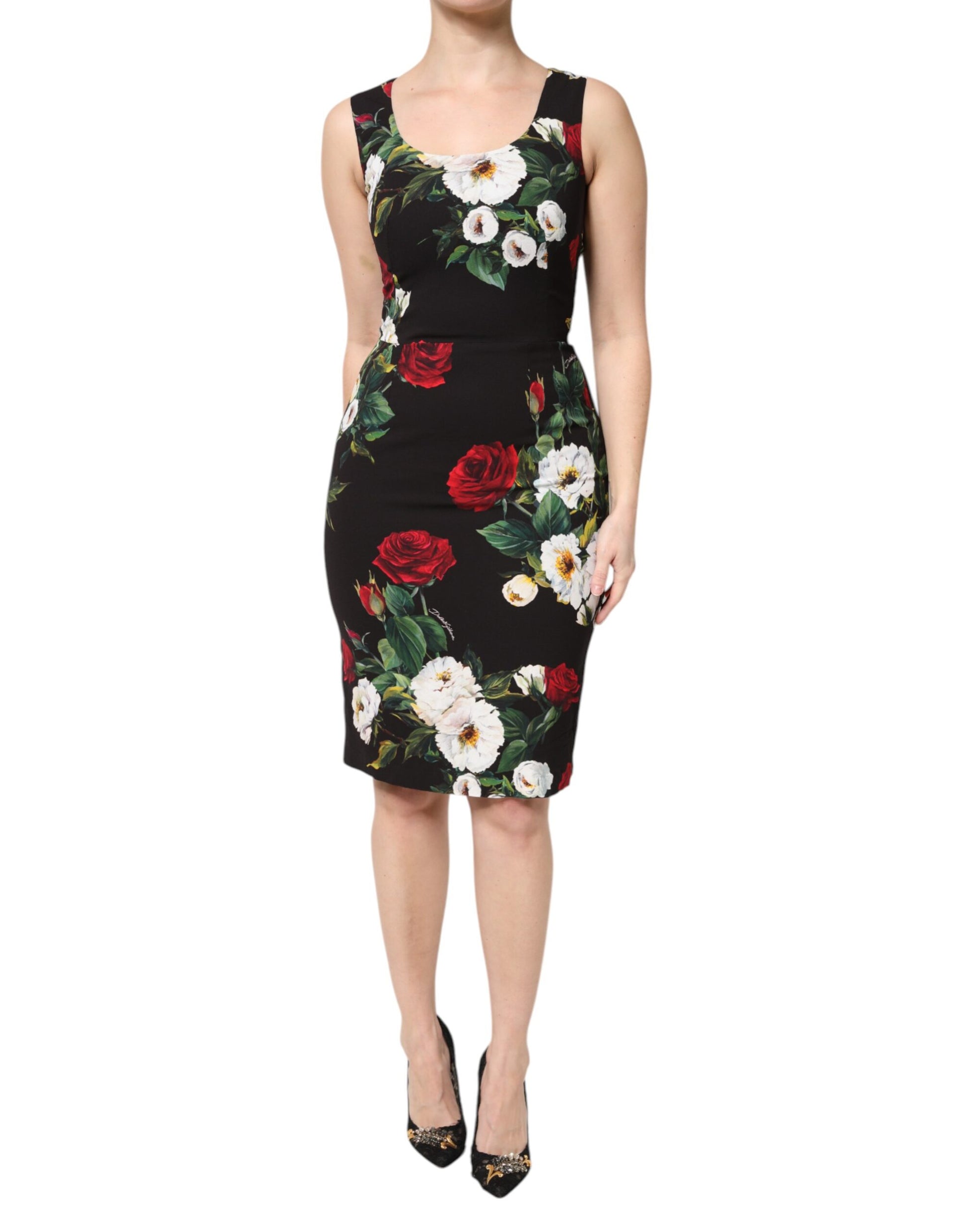 Black Floral Print Sleeveless Sheath Dress
