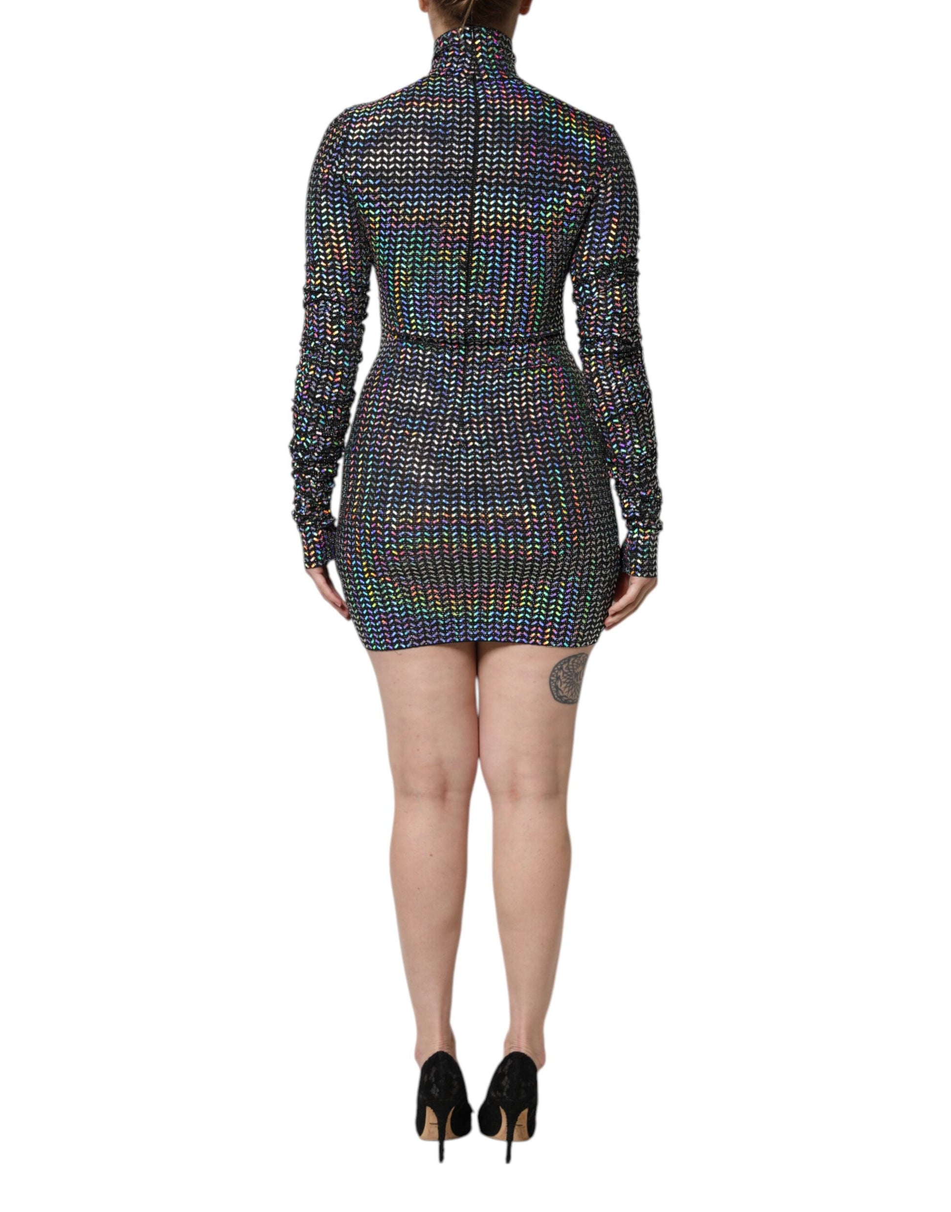 Black Embellished Nylon Bodycon Mini Dress