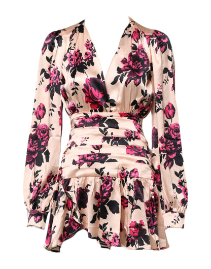 Pink Floral Silk Long Sleeves V-neck Wrap Mini Dress