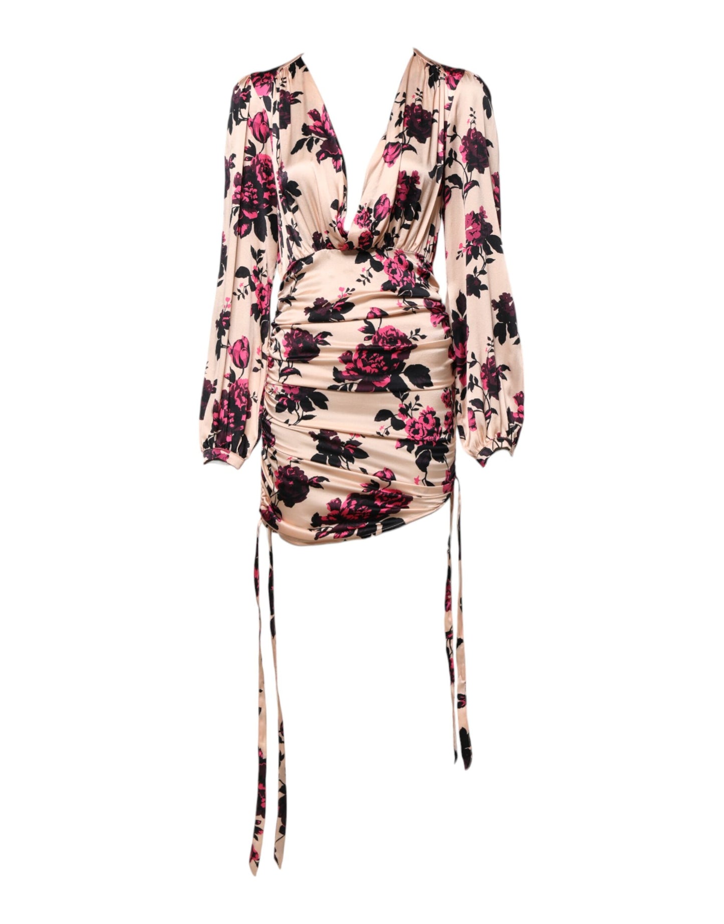 Pink Floral Silk Long Sleeves V-neck Ruched Mini Dress