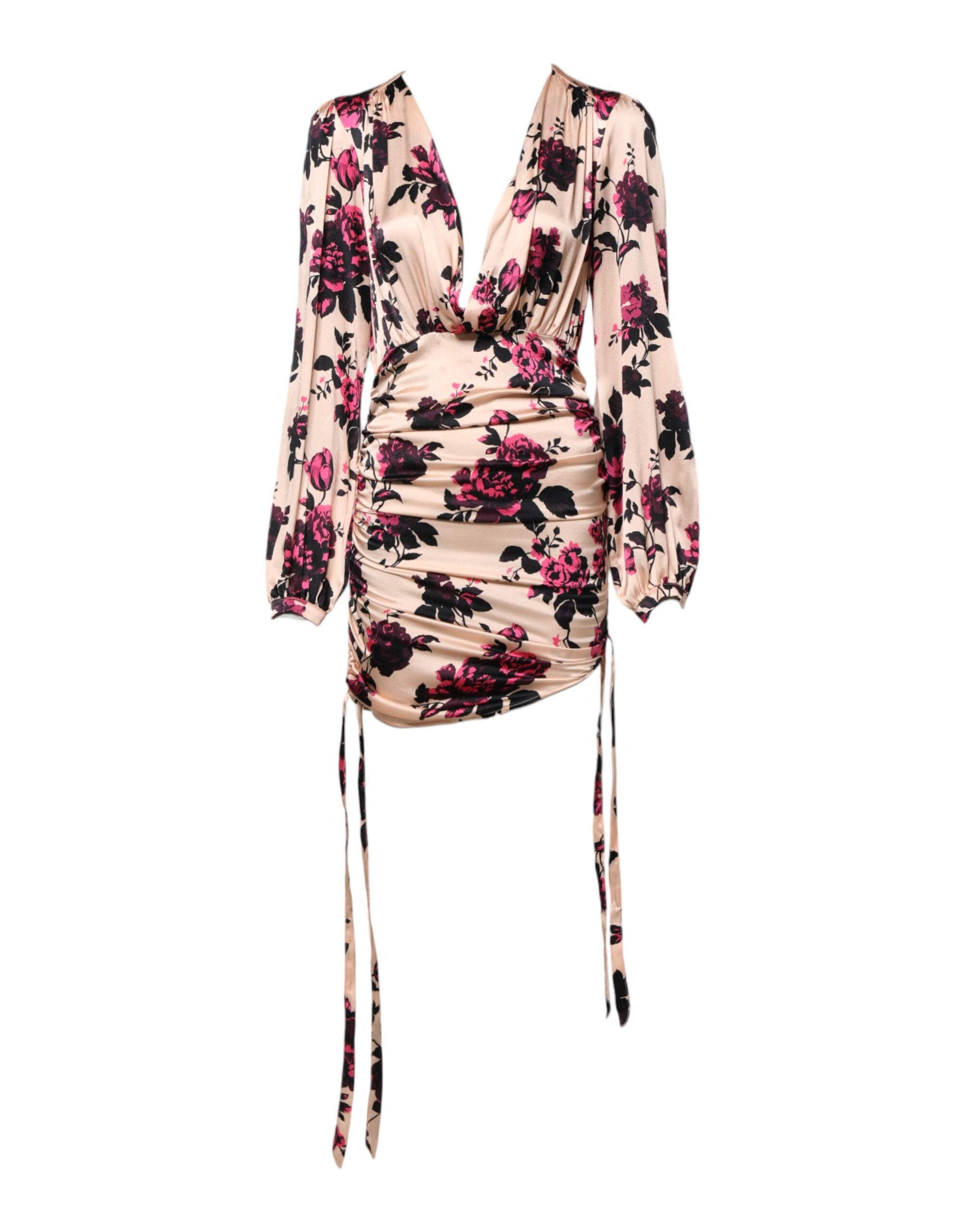 Pink Floral Silk Long Sleeves V-neck Ruched Mini Dress