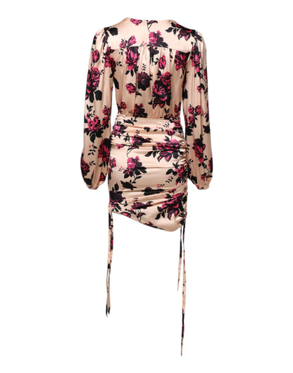 Pink Floral Silk Long Sleeves V-neck Ruched Mini Dress