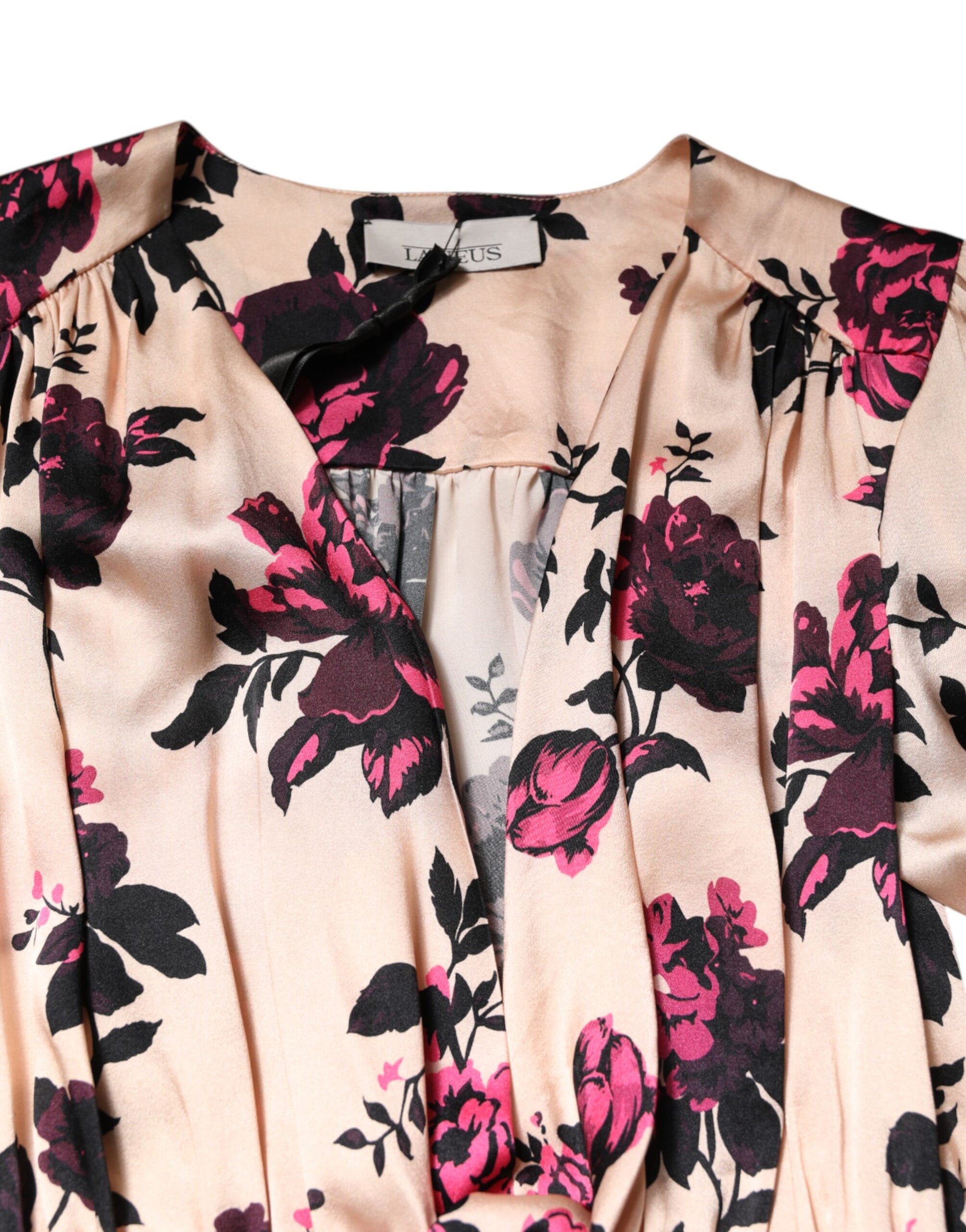 Pink Floral Silk Long Sleeves V-neck Ruched Mini Dress