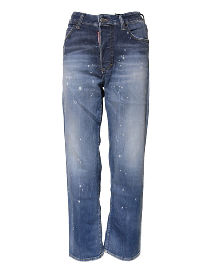 Blue Washed Cotton Mid Waist Straight Jeans