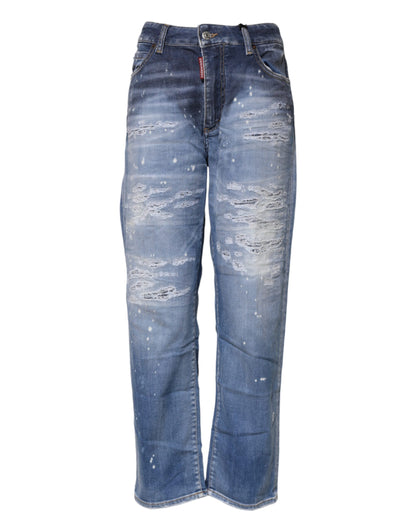 Blue Tattered Cotton Mid Waist Straight Denim Jeans